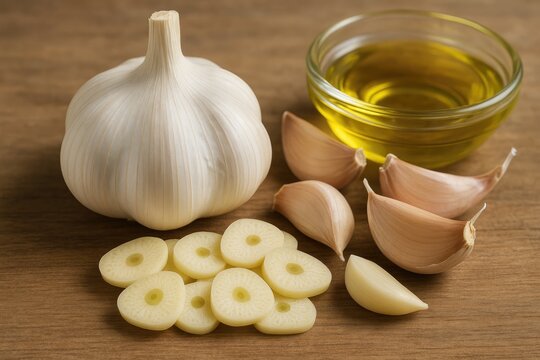 Whole fresh garlic with skin, sliced and drizzled with oil