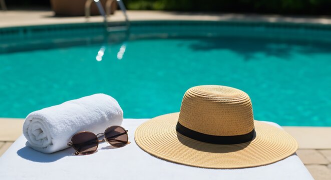 Summer Vacation Essentials Sun Hat, Sunglasses, and Towel by the Pool