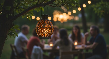 Ornate lantern glows at outdoor dinner party with friends under string lights