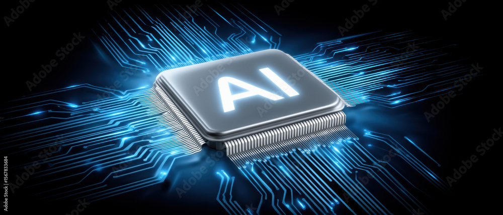 Poster ai chip glowing with blue circuit lines representing advanced technology and intelligent agent proce