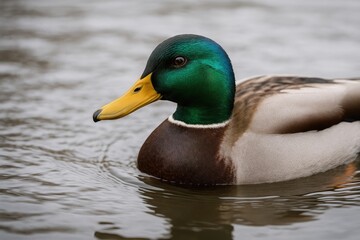 Obraz premium A male duck displaying vibrant green plumage and striking brown eye on a river scene
