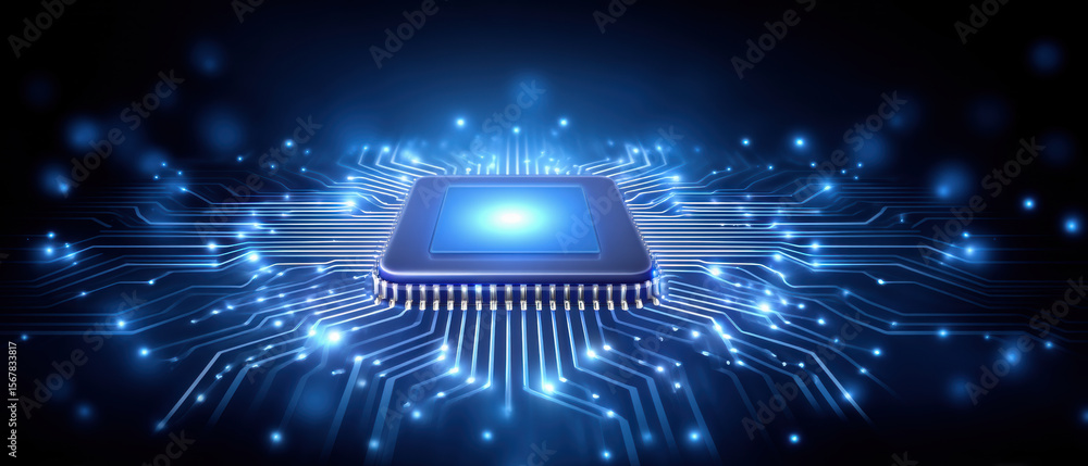 Poster artificial intelligence agent concept with glowing microchip and circuit board in blue light for tec