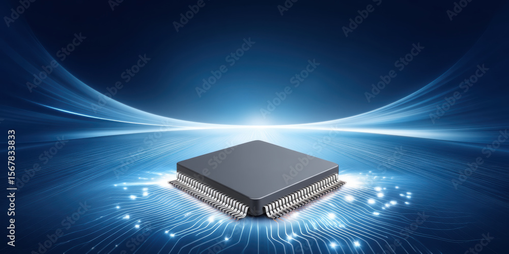 Poster futuristic ai agent concept with microchip glowing on digital circuit board symbolizing advanced tec