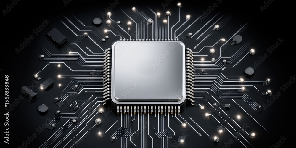 Poster microchip ai agent concept with glowing circuit board and electronic connections symbolizing advance