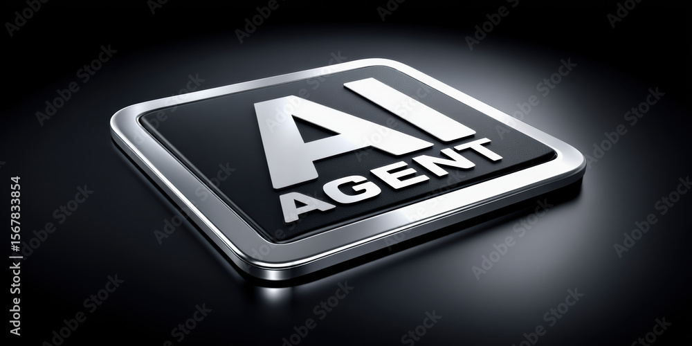 Poster ai agent logo design with metallic silver 3d style on black background creating futuristic and profe