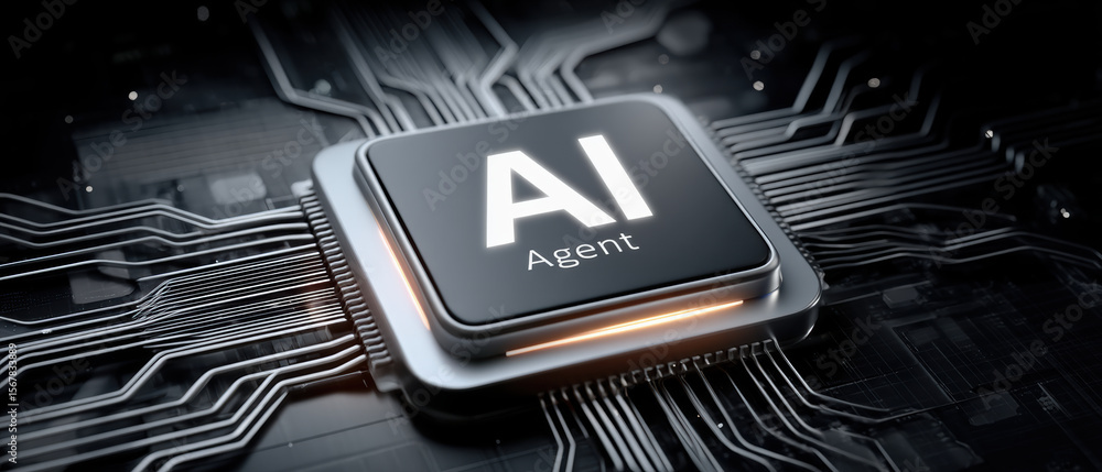 Poster ai agent concept with microchip and circuit board technology showing futuristic digital innovation a