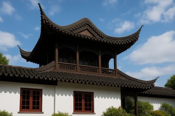Obraz premium A ground-level perspective of a historic structure featuring a rounded roof and dark wooden accents
