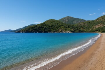 Obraz premium Scenic coastal scene featuring shoreline and mountain backdrop