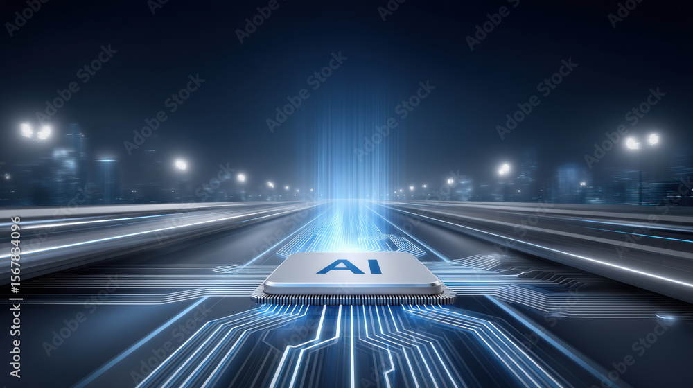 Poster artificial intelligence chip with glowing circuit lines and agent concept in futuristic technology d