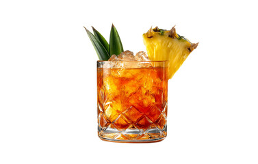 tropical cocktail with pineapple slice and ice isolated on transparent background