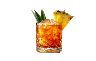 tropical cocktail with pineapple slice and ice isolated on transparent background