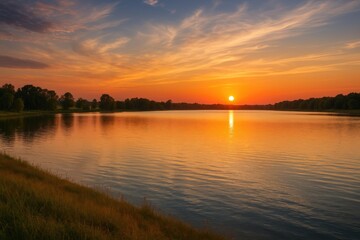 Obraz premium Stunning evening sky over a water reservoir with scenic views
