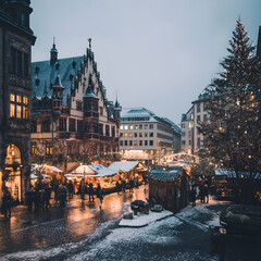 Christmas market illuminating romerberg square in frankfurt at twilight