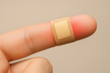 Close-up of a skin patch applying an adhesive bandage on a finger, highlighting the wound with a red mark