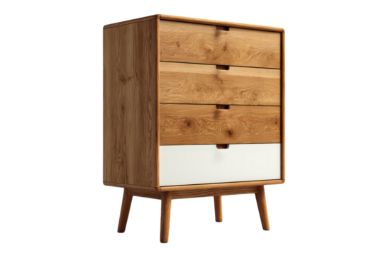 Modern Wood Dresser Solid Oak Chest of Drawers with Storage and Retro Design White Accent on transparent background