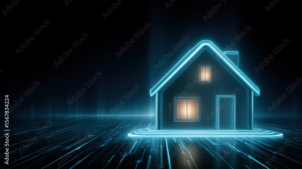 Poster digital house glowing with neon light lines in dark space showing ai agent concept for smart home te