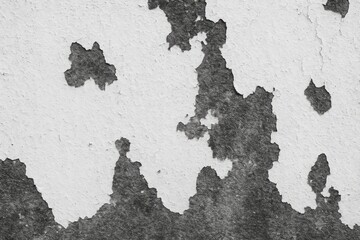 Monochrome concrete surface showing peeling plaster fragments