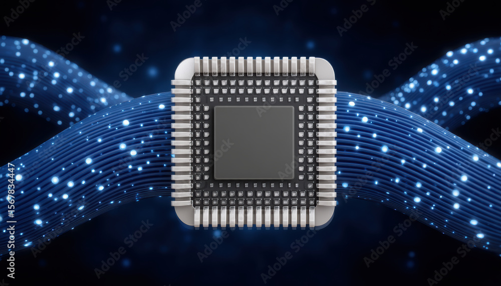 Poster ai agent concept with microchip and glowing data flow lines representing advanced technology and dig