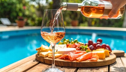 Rosé wine is poured into a two glass beside a swimming pool, with snacks on a wooden board—capturing a peaceful outdoor moment of flavor, relaxation, and scenic delight.