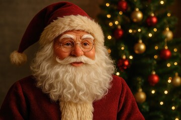 Naklejka premium Festive Santa figurine wearing glasses beside a decorated Christmas tree