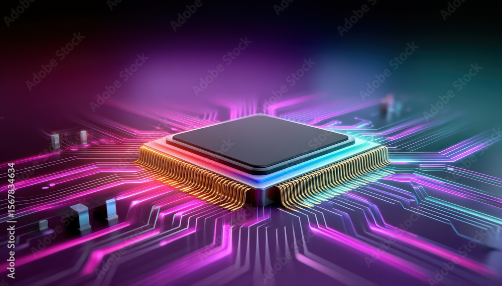 Poster glowing ai agent microchip on circuit board with vibrant purple and blue light trails representing a