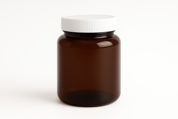 Empty brown plastic jar with white lid for product packaging