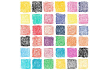Colorful pencil shaded squares. Pen stroke scribble, hand drawn scrawl sketch texture and line sketched isolated on transparent background	