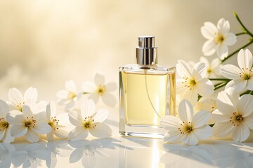 Elegant perfume bottle among delicate blossoms