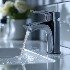 Modern chrome faucet with flowing water and splashing drops, cut out white 