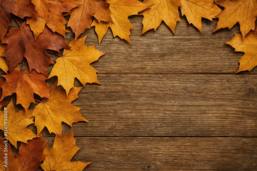 Poster fallen autumn foliage on a rustic wooden surface with empty area for text