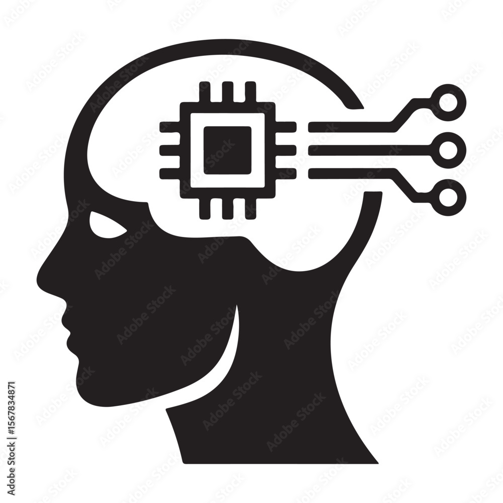 Poster silhouette of a human head with a microchip and circuit board inside representing artificial intelli