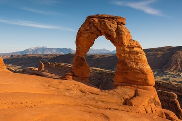 Scenic desert landscape featuring a natural arch formation and geological marvels