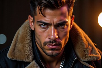 Intensely Focused Man in Leather Jacket
