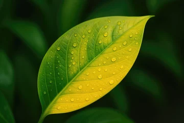 Printed roller blinds A vibrant yellow and green leaf exudes a calming aroma as droplets of rainwater cling to its surface, soothing the senses.