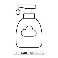 Obraz premium A soap dispenser icon in minimalist style with editable stroke. Hygiene container, liquid soap bottle, handwashing item, sanitation concept, household cleaning, outline drawing