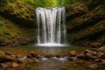 Fototapeta premium Close-up of a Stunning Waterfall with a Tiny Forest Stream