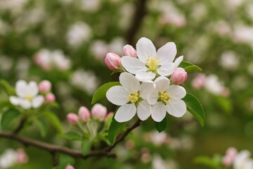 Fototapeta premium Detailed view of a flowering apple tree branch
