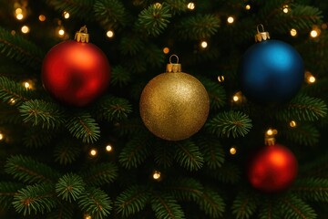Festive holiday ornaments hanging on pine branches
