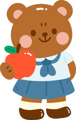 Cute bear character wearing school uniform, holding red apple. bear has friendly expression, with rosy cheeks and blue skirt. This charming illustration evokes sense of joy and playfulness