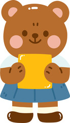 Cute bear character holding yellow card, wearing student outfit. bear has friendly expression, making it perfect for children illustrations or educational materials