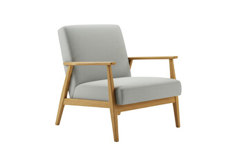 Modern light grey armchair with natural wood frame isolated on transparent background