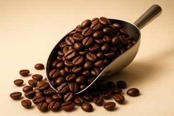 Fototapeta premium Fresh coffee beans with a scoop for measuring