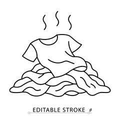 A smelly dirty clothes icon in minimalist style with editable stroke. Laundry pile, bad odor, used garment, household hygiene, messy fabric, clothing care, stink concept, vector outline illustration.