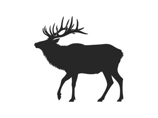 A minimalist black silhouette illustration of an elk on a white background