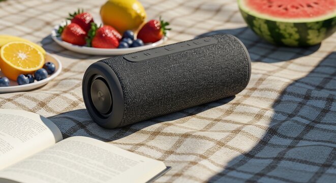Portable speaker on picnic blanket with fruit and open book in sunlight - Powered by Adobe