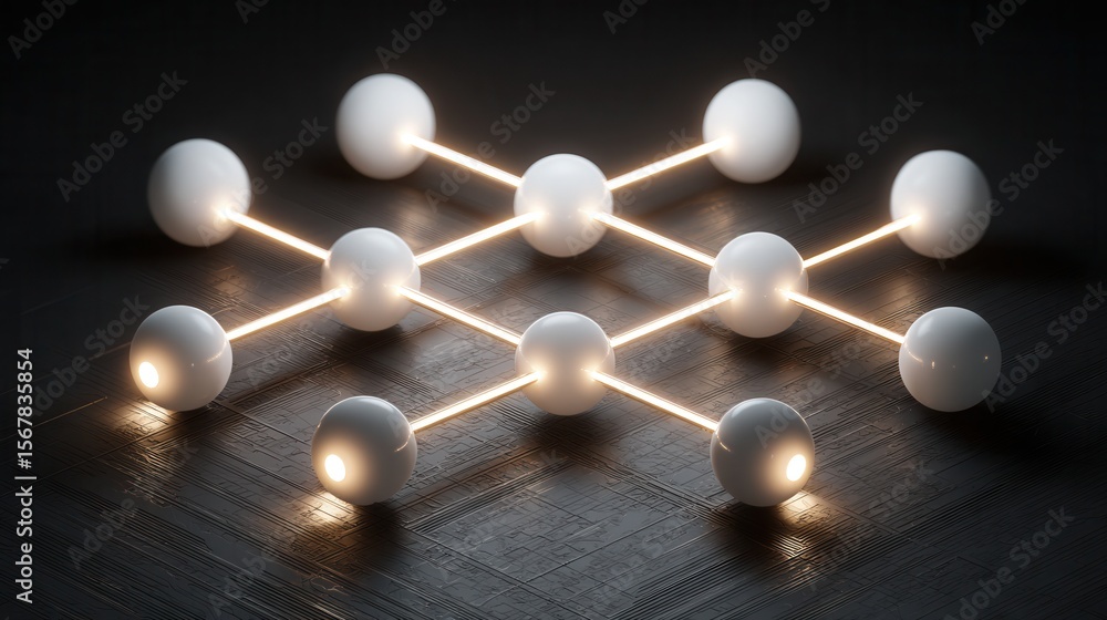 Poster abstract connection of spheres with lines and light on dark surface
