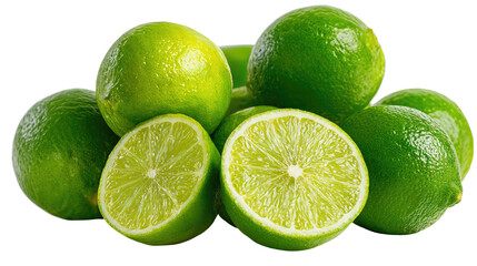 A Pile of Limes with One Cut in Half Showing Juicy Interior &ndash; Transparent Background

