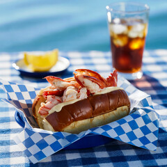 Fresh New England style lobster roll with creamy dressing served in a toasted bun, placed in a blue tray on a checkered tablecloth. Background includes a glass of iced drink and lemon slice, evoking a