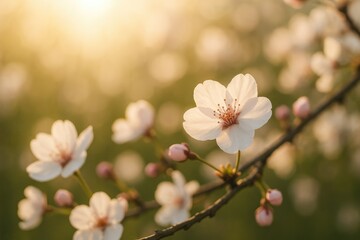 Morning sunlight illuminating a close-up of cherry blossoms