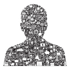 Silhouette of a person composed of numerous small business and finance icons